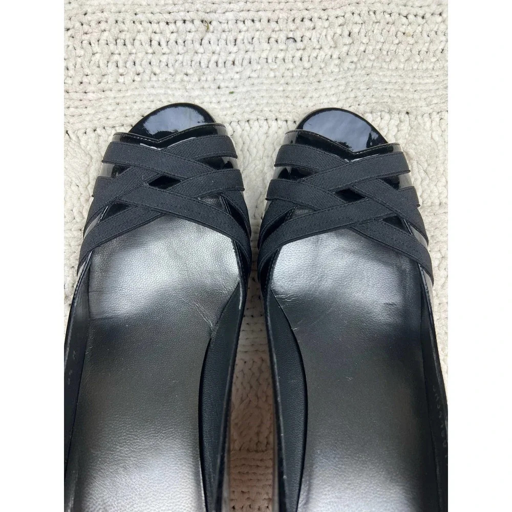 Stuart Weitzman Black Leather Heels Peep Toe Ribbon Size 9.5 - Picture 4 of 8
